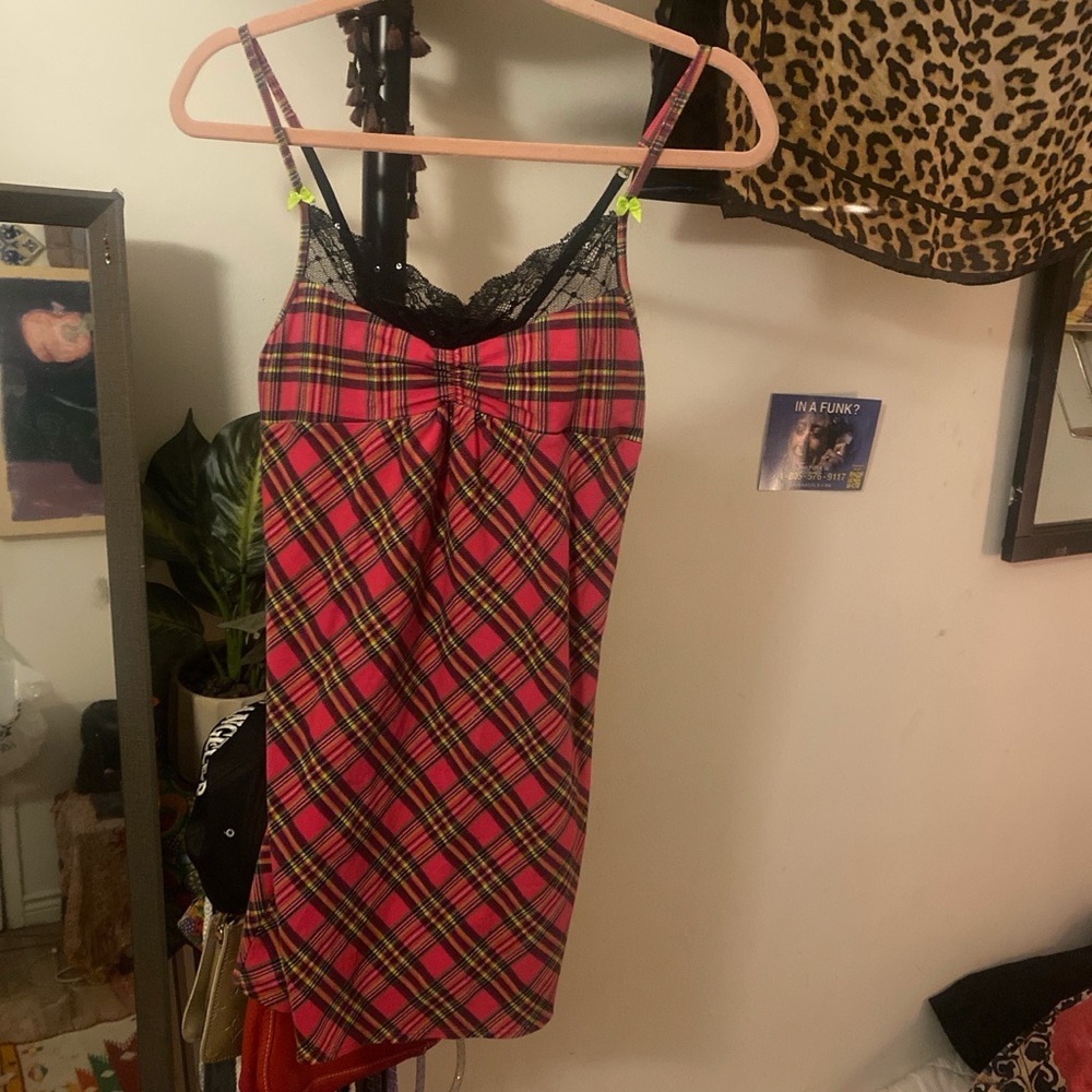 Betsey Johnson Pink Plaid Chemise with Black Lace